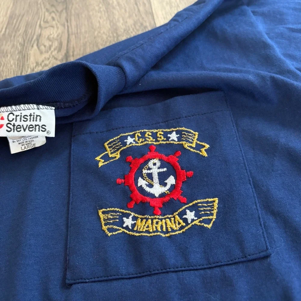 Cristin‎ Stevens Pocket T-Shirt Mens Large Navy Blue Excellent Vintage Nautical